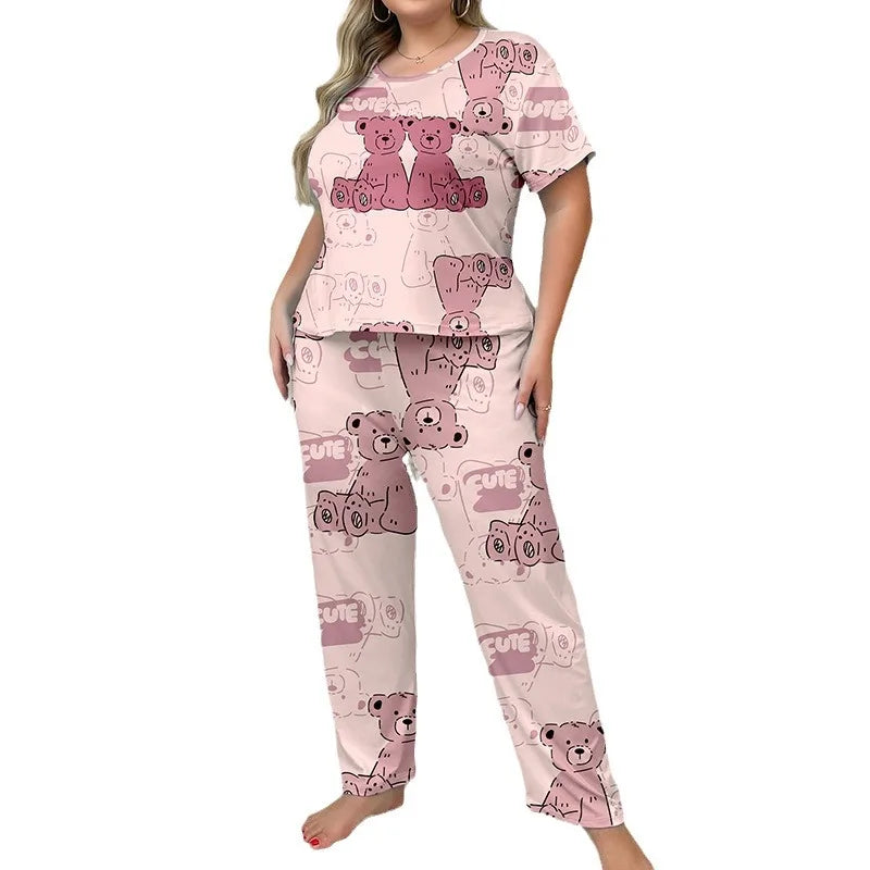 Plus-Size Summer Style Women's Two-Piece Home Wear Soft Full-Printed Short-Sleeved T-Shirt and Trousers Combi Pajamas