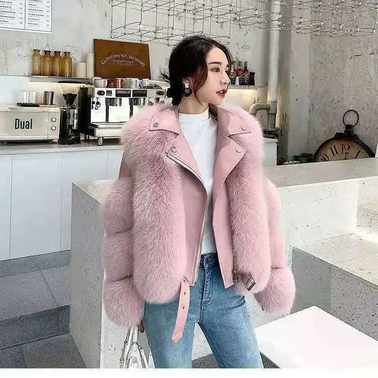 Luxury Faux Fox Fur Coat Womens Thick Winter Warm Fur Jacket Sexy Belted Motorcycle Biker Coat Streetwear Outwear