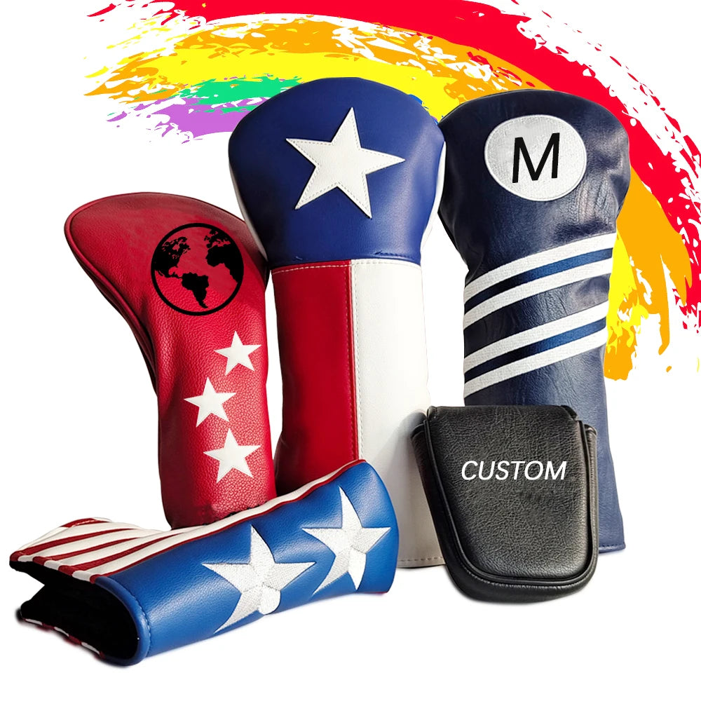 OEM Custom PU Leather Embroidered Printing Wood Putter Headcover 2 Piece Golf Driver Headcover Personalized Golf Accessory