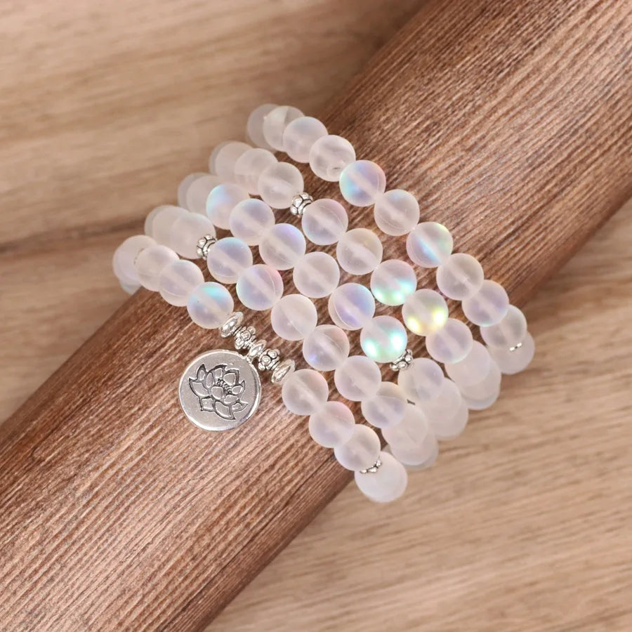 Matte White Color Sparkling Labradorite 108 Meditation Mala Lotus Necklace for Healing Yoga Meditation