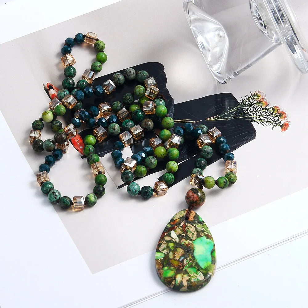 Retro Bohemian Multicolor Emperor Stone Drop Pendant 6mm Natural Stone Glass 10mm Stone Beads Knotted Necklace