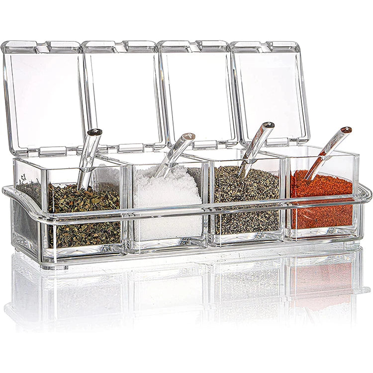Kitchen 4 Pieces Clear Seasoning Box with Cover and SpoonSeasoning Rack Spice Jars for Sugar Salt Pepper