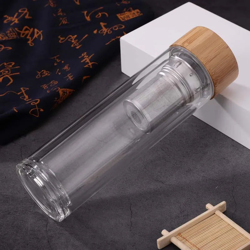 Wholesale Custom Logo Clear Double Wall  High Borosilicate Glass Stainless Tea Infuser Water Bottle