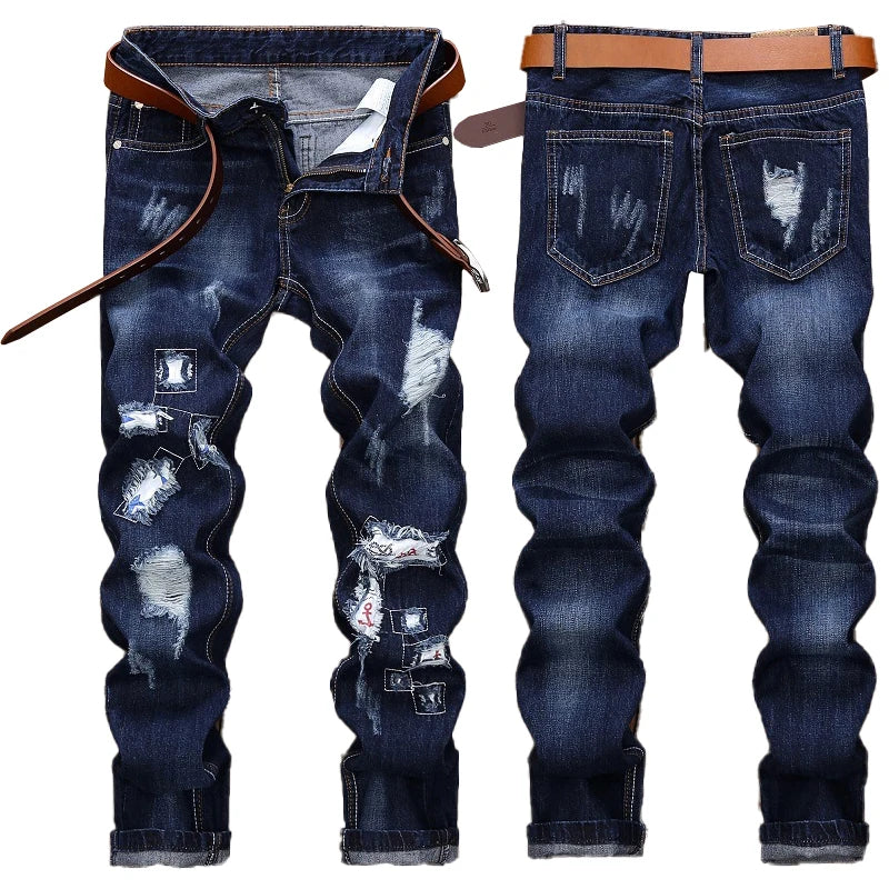 Factory Low Price Custom Dark Blue Stretch Skinny Ripped Jeans Men