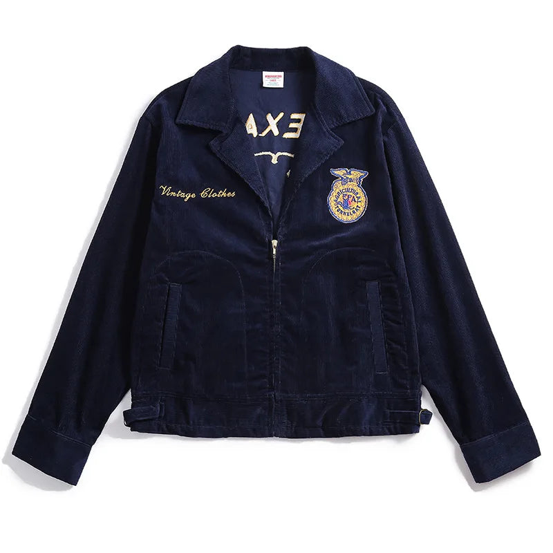 Wholesale Vintage 60s Detroit Navy Blue Cropped Retro Lightweight Letter Pattern Ffa Cotton Corduroy Bomber Jacket for Men