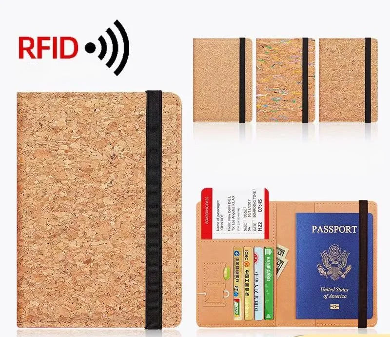 Custom Logo Cork RFID Blocking Passport Holder - IC Card Slots & Luggage Tag Eco-Friendly Printed Cork Passport Cover for Travel