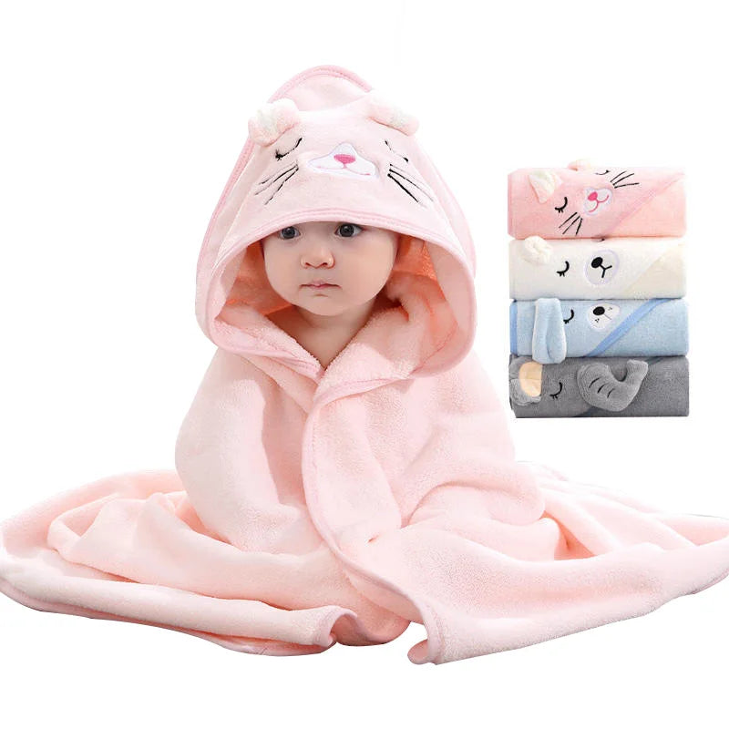 New Cartoon Animal Kids Soft Fast Absorbing Microfiber Coral Fleece Baby Hooded Bath Wrap Towel Compressed Disposable Woven
