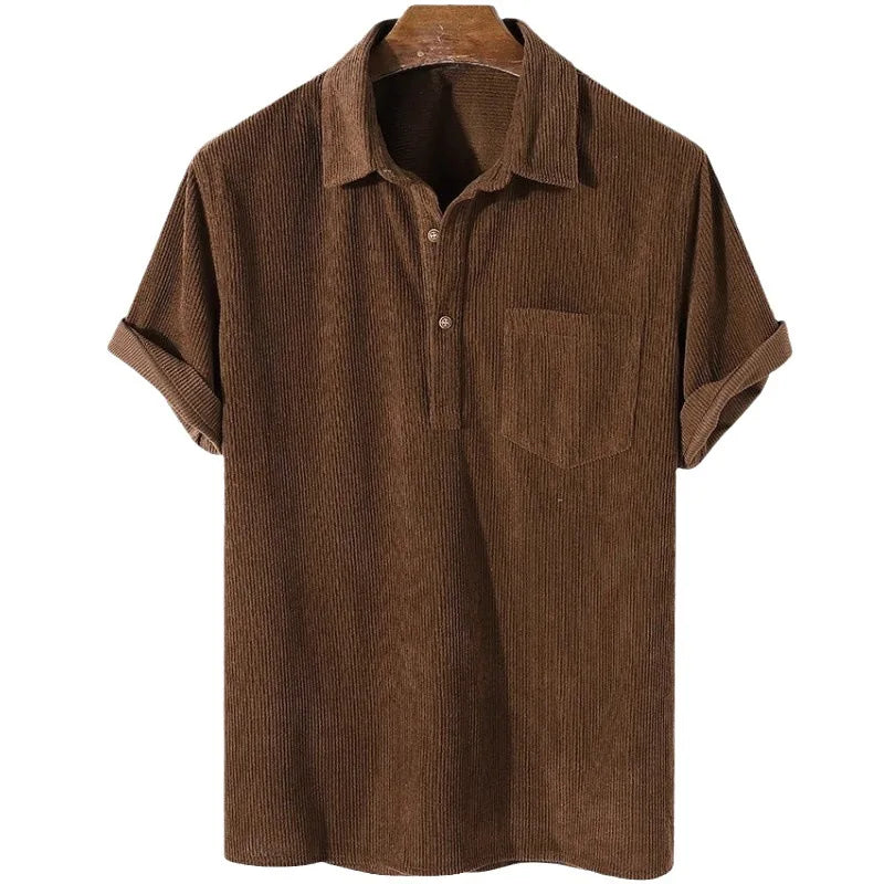 RNSHANGER Mens Corduroy Button Short Sleeve Shirt Summer 2023 Casual Streetwear With Pockets Solid Color Shirt for Men