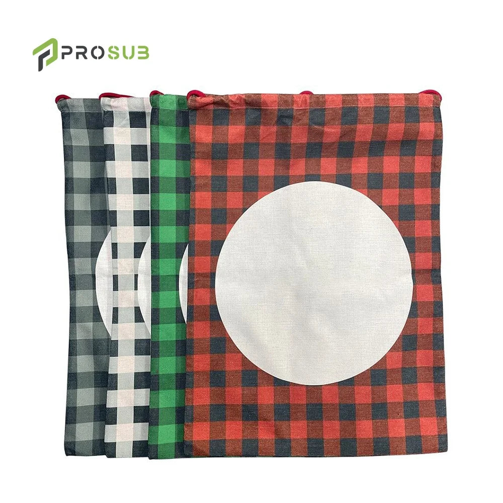 Prosub Factory Wholesale Sublimation Christmas Sacks Santa Sack Drawstring Buffalo Plaid Linen Reusable Eco-friendly