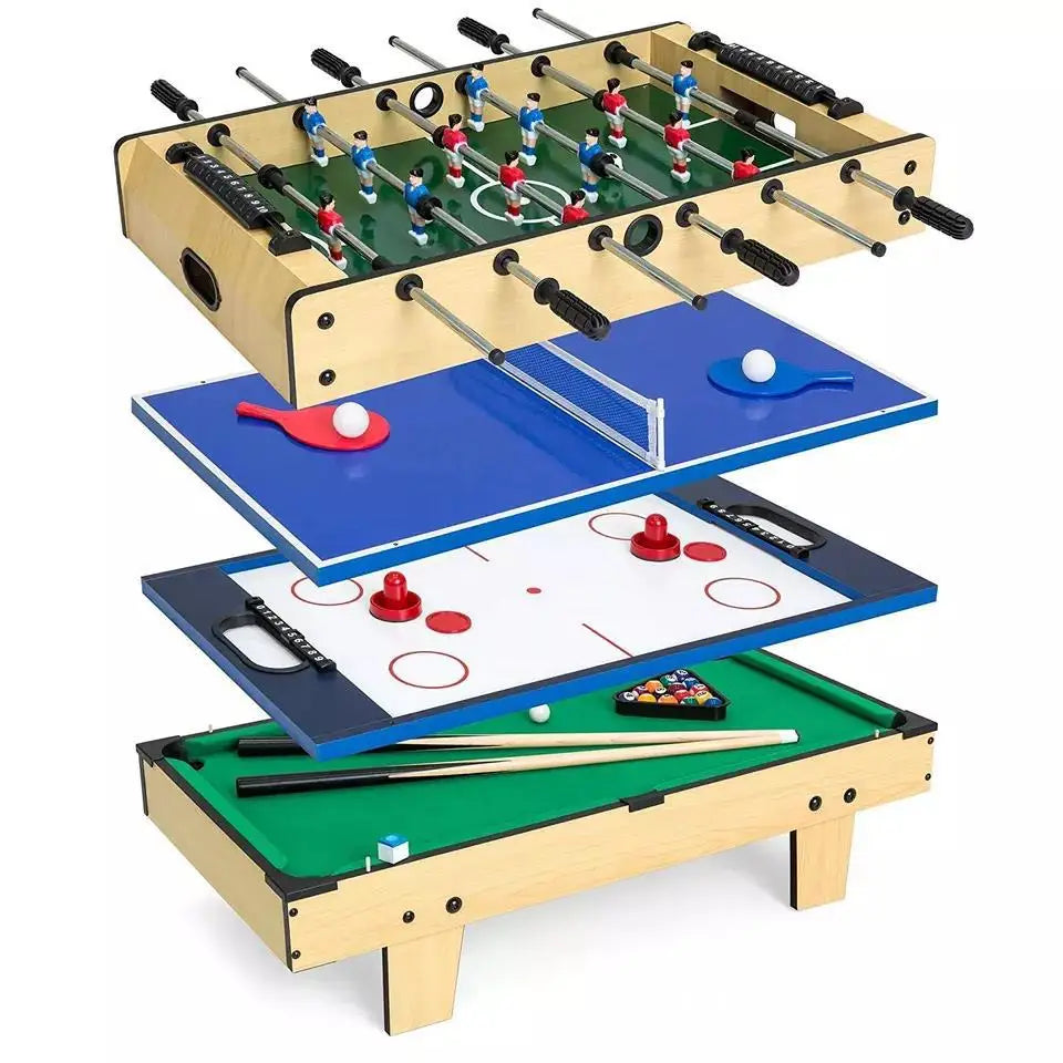 Parent-Child Interactive 4-in-1 Multi-Function Game Table - Tabletop Billiards Air Hockey Tennis & Football Set MegaBDM