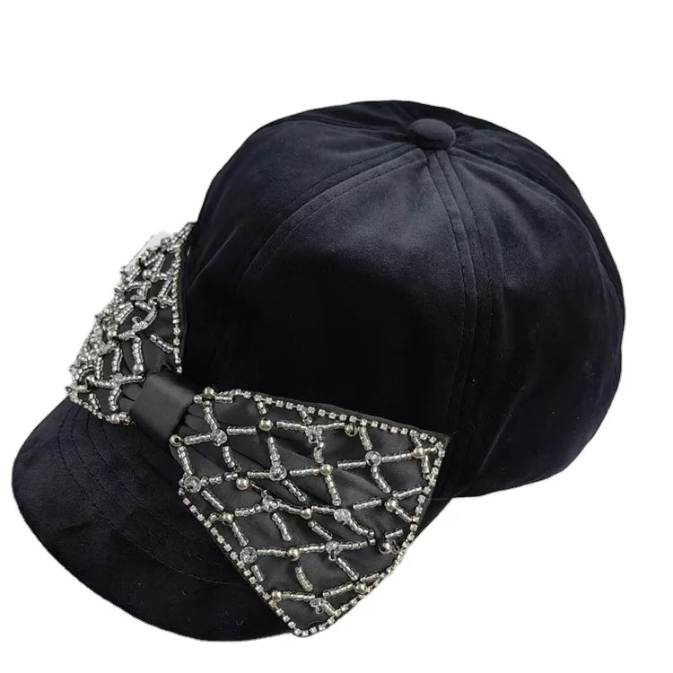 Women Fashion Black Velvet Rhinestone Fitted Hat Peaked Brim Baseball Gorras Trucker Caps Golf Tennies Dad Furry Trucker Hats