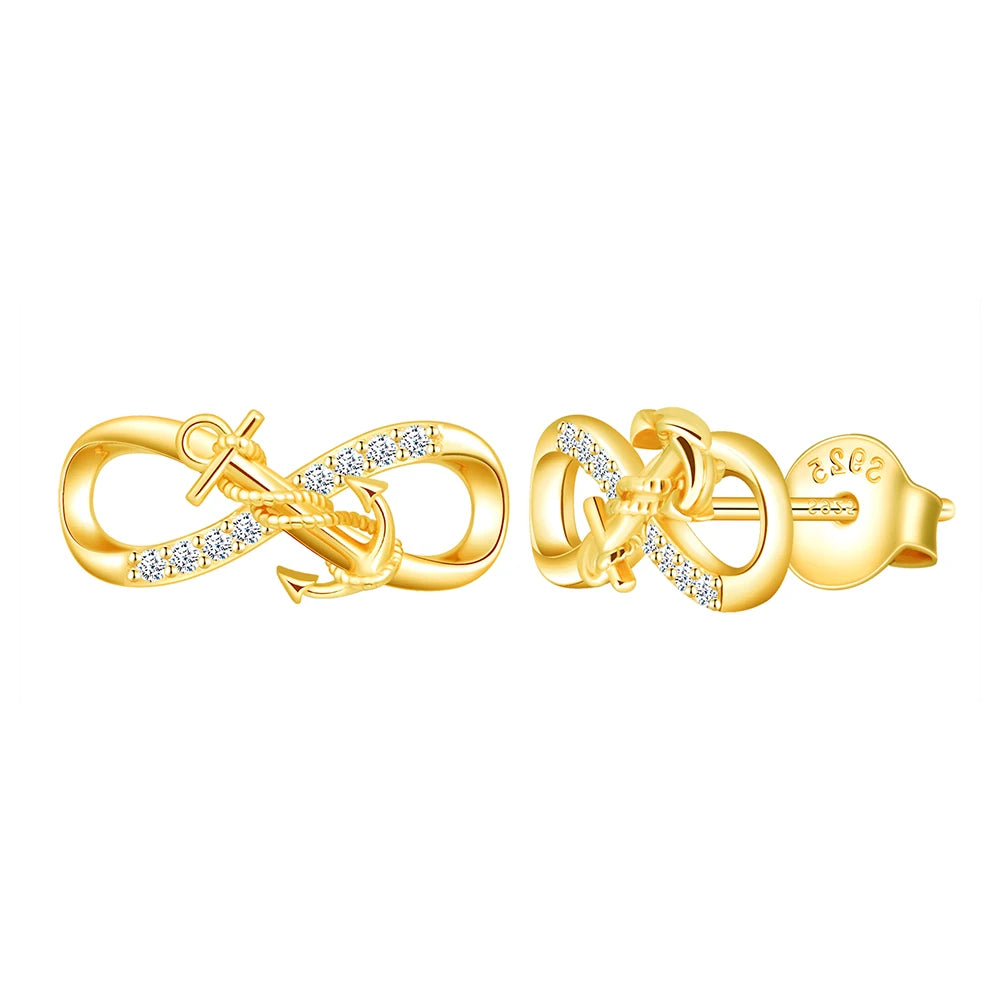 S925 Silver Zircon Anchor Infinity Symbol Sterling Silver Stud Earrings Trend Earrings 2025