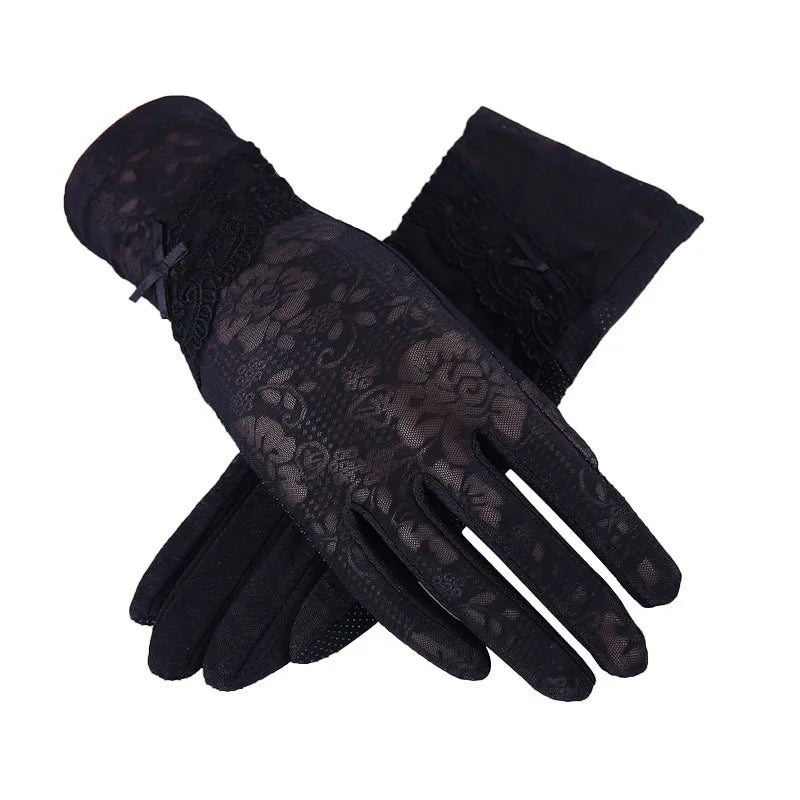 Women Lace Ice Silk Bow Flower Side Touch Screen Outdoor Anti-UV Sun protection Gloves