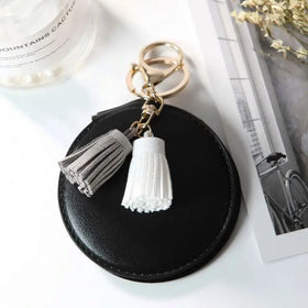 Portable NEW Foldable Fashion PU Leather Pocket Makeup Mirror Tassels Bag Charm Women Portable Free Custom Logo Mirror Key Chain