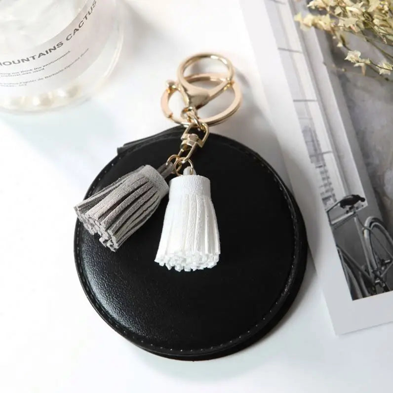 Portable NEW Foldable Fashion PU Leather Pocket Makeup Mirror Tassels Bag Charm Women Portable Free Custom Logo Mirror Key Chain