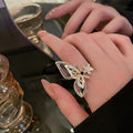 Trendy Shining Butterfly Adjustable Opening Ring for Women Crystal Acrylic Inlay Fashion Party Hand Accessories Jewelry