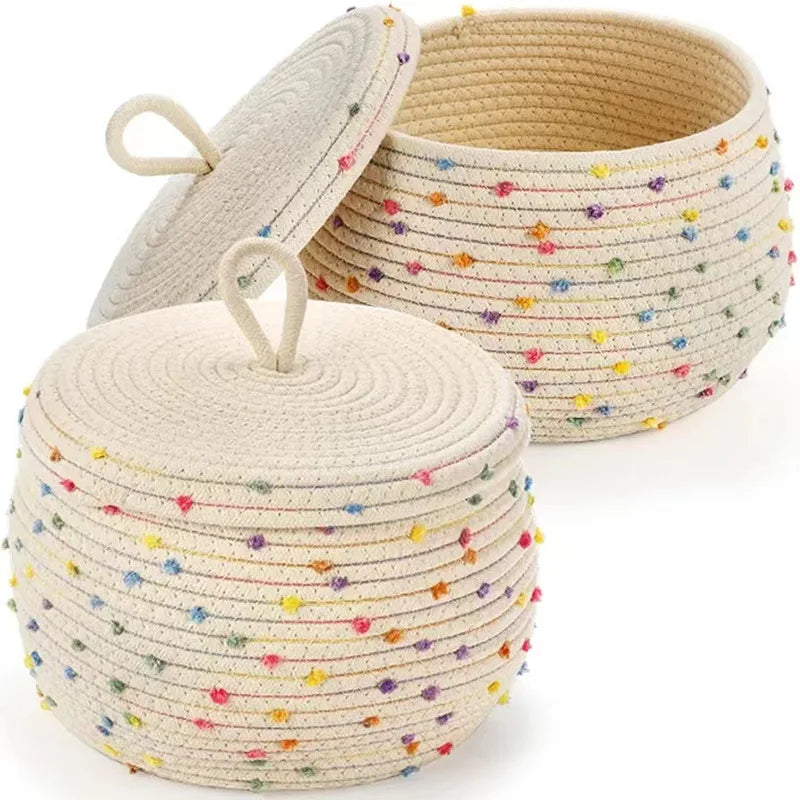 Cute Colorful Rainbow Pompom Design Toy Storage Basket Home Storage Handmade Round Weave Cotton Rope Basket With Lid
