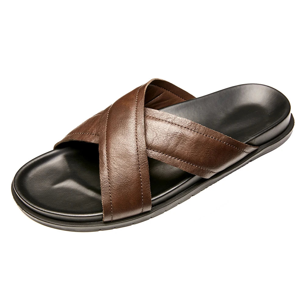 Trendy Men's Summer Genuine Leather Flip Flops Anti-Slip Soft Sole Sandals Outdoor Beach Top Layer Cowhide Slippers Custom Logo