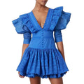 TWOTWINSTYLE High Waist Mini Summer Dress Vintage Fashion Patchwork Lace-up with Spliced Button Woven Solid Pattern