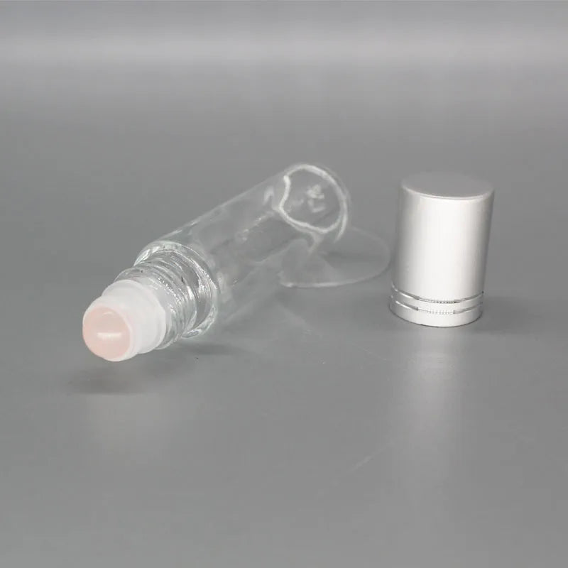 HZ 10ml Roll on Bottle for Essential Oils Clear Glass Roller Bottles With Wood Grain Lid Natural Crystal Gemstone Roller Balls Top