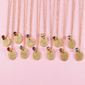 Birthday Stainless Steel Necklace Birthstone 12 Colors Round Disc Flower Engraved Pendant