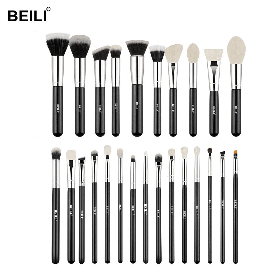 BEILI Hot Brush Sets Black Handle Natural Hair 25PCS Private Label Makeup Brush Set Foundation /Eye Makeup Brush Cleaner