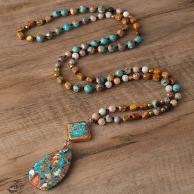 Vintage Beaded Mala Necklaces for Women Jewelry Handmade Natural Sea Sediment Jasper Pendant Charm Beaded Necklace Gift