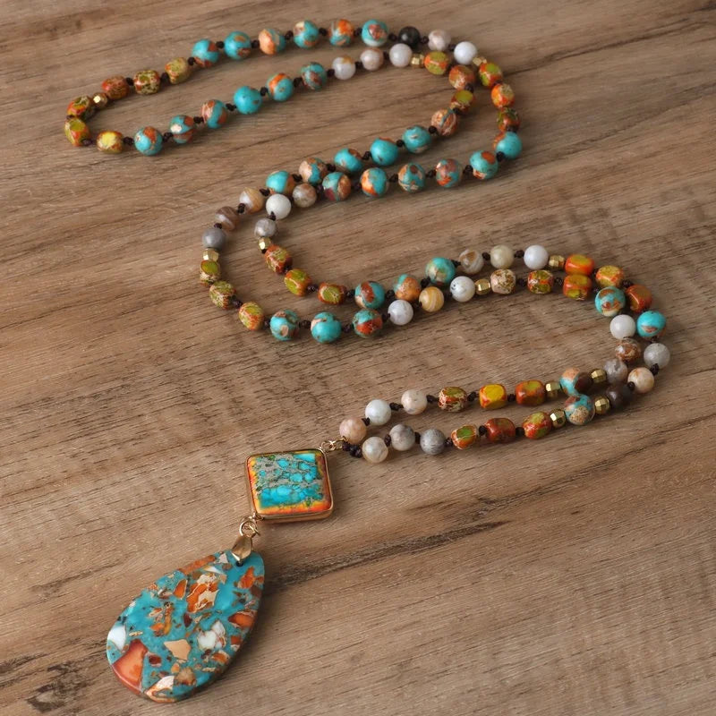 Vintage Beaded Mala Necklaces for Women Jewelry Handmade Natural Sea Sediment Jasper Pendant Charm Beaded Necklace Gift
