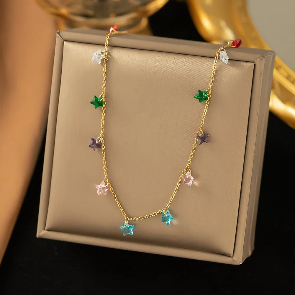Fashion Jewelry Stainless Steel Crystal Star Tassel Necklace 18K Gold Plated Zircon Star Necklace