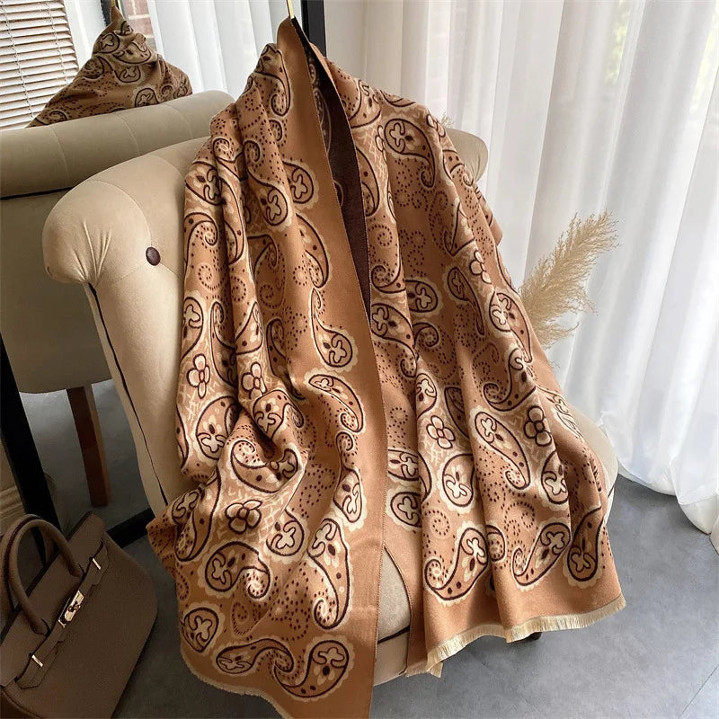 Retro Cashew Print Scarf Women's Autumn and Winter Warmth Thickened Double-sided Polyester Shawl New Large Size Shawl