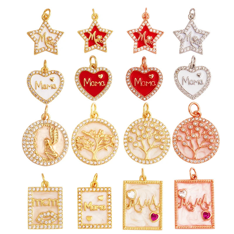 Fine Love Heart Star Life Tree Angel Wing MAMA MOM Charm PendantTrendy Gold Plated Cubic Zircon Necklace Jewelry Supplies K77