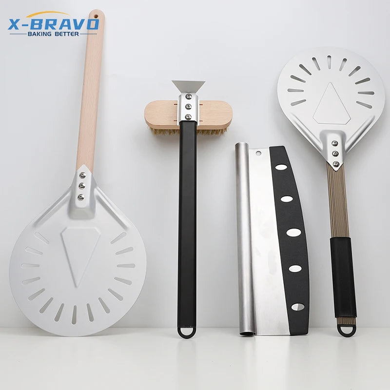 Aluminum Alloy Anodizing Wooden Handle Aluminum Pizza Peel Pizza Cutter Foldable Pizza Making Tools Set