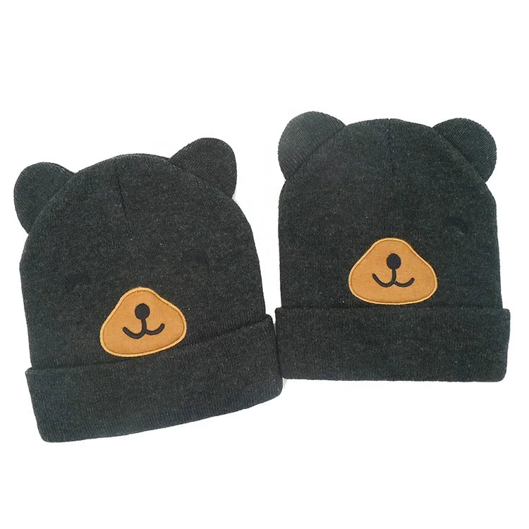 Custom High Quality 3D Embroidery Bear Ears Beanie 100% Acrylic Cuffed Winter Hat Logo Two Tone Beach Business