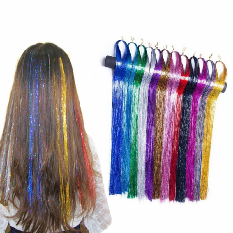 Colorful Bling Hair Extensions Synthetic Soft Sparkle Tinsel Bling Hair Decoration Glitter Rainbow Highlight Hair Extension