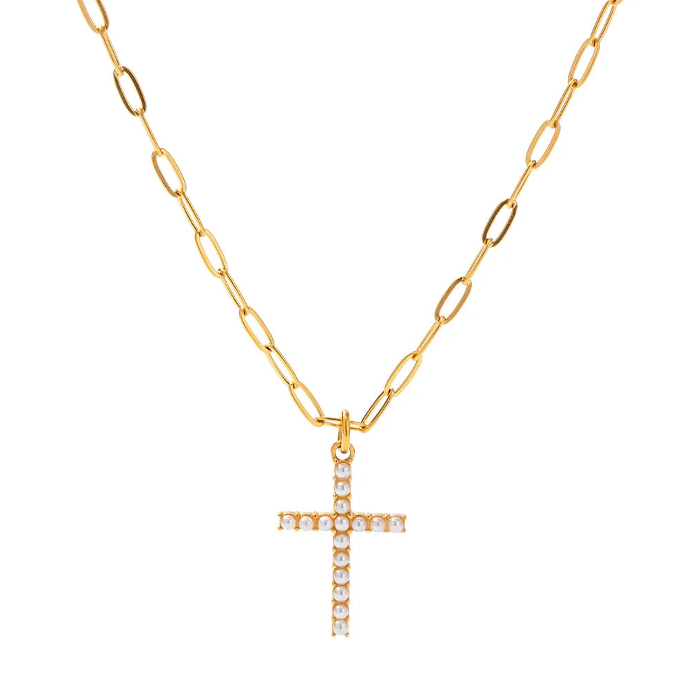 Newest Cross Pendant Imitation Pearl Bead Splicing Necklace Waterproof Gold Plated Stainless Steel Paperclip Chain Jewelry