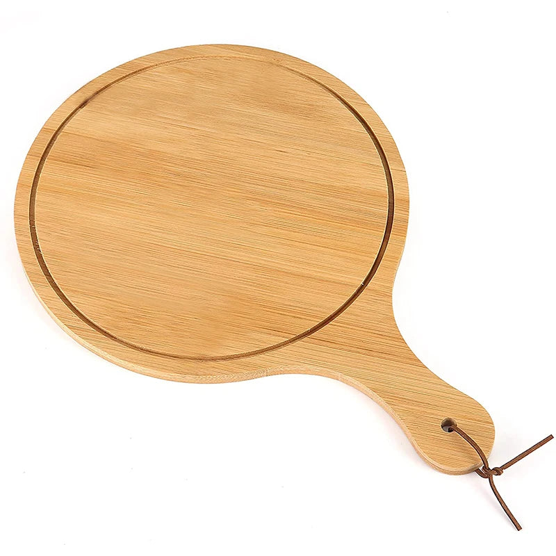 Organic Bamboo Round Wooden Pizza Cutting Board Perforated Pizza Peel Shovel Plate with Juice Groove