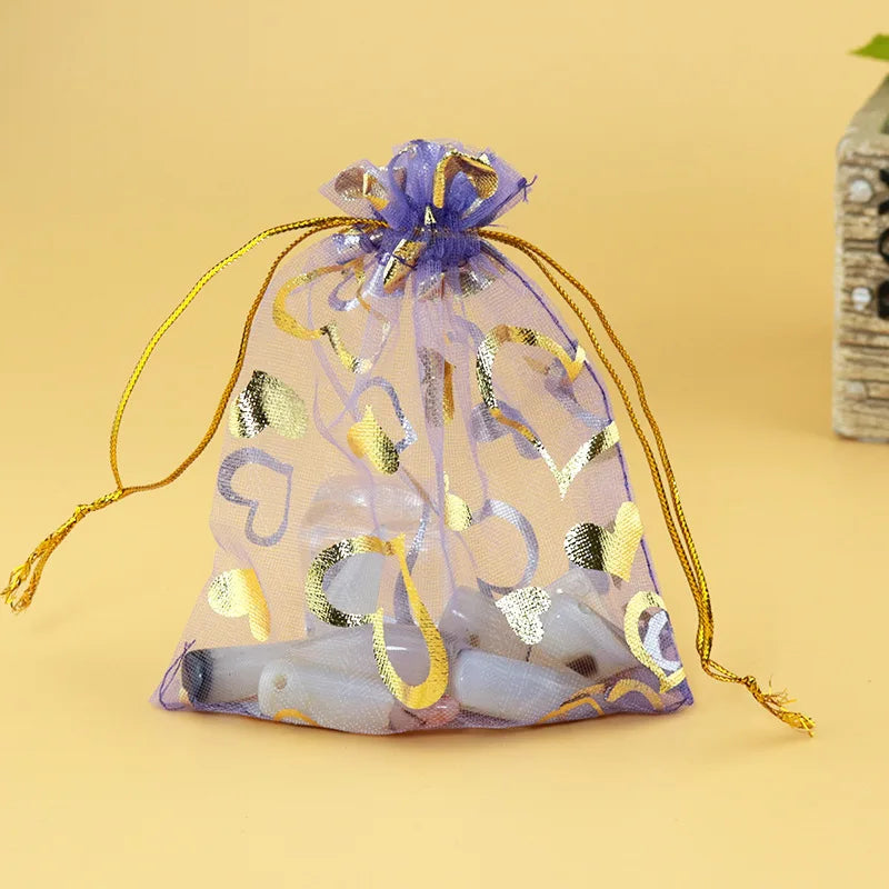 Custom Organza Pouch Drawstring Packing Gift Stamping Gold Bags with Metallic Cord Custom Logo & Color Screen Printed