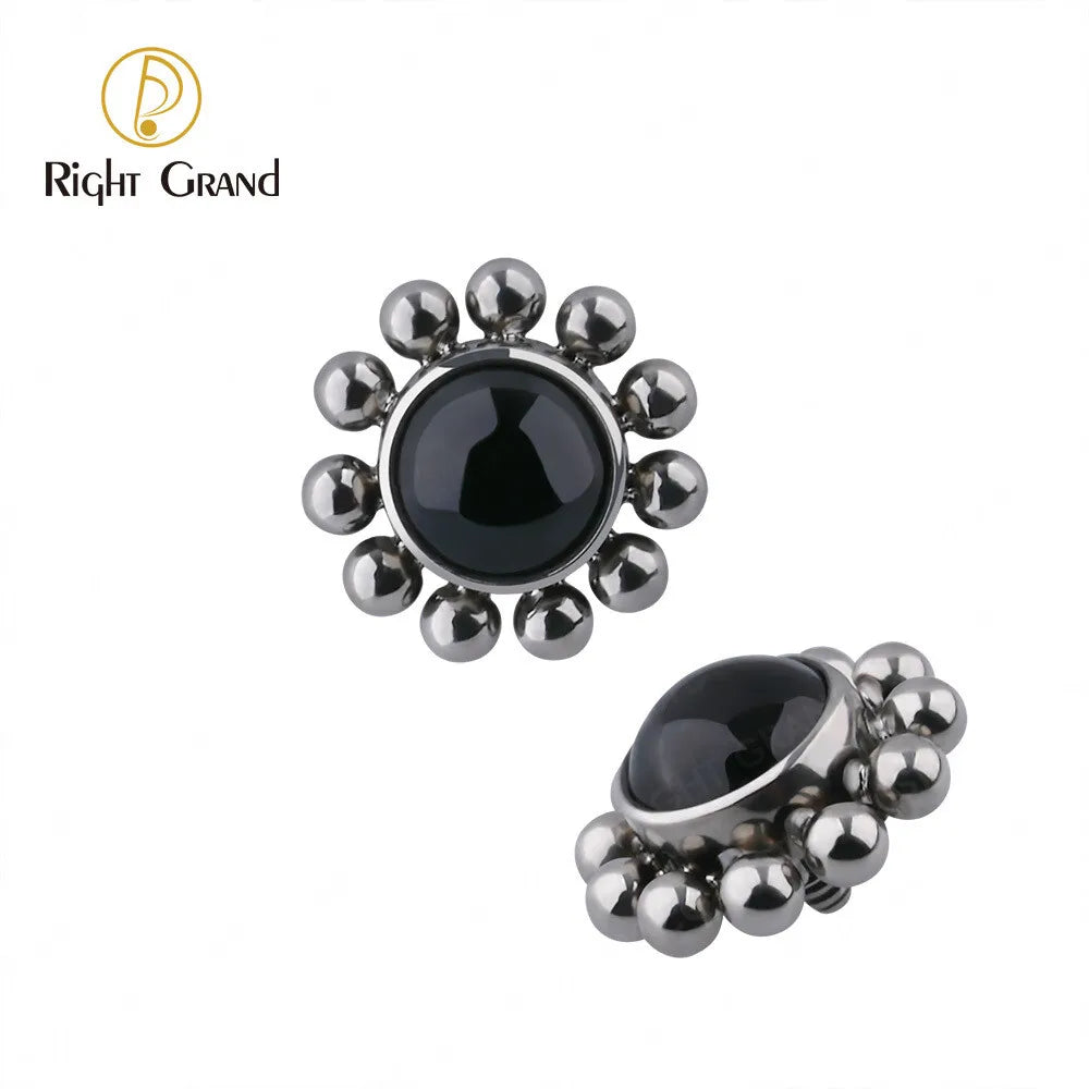 Titanium ASTM F136 Grade Lip Stud Flower Bezel Set Agate Stone With Beads Cluster Tragus Piercing Top