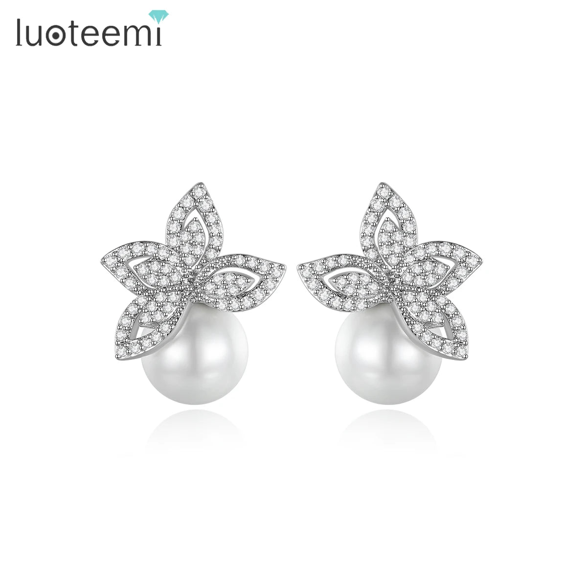 LUOTEEMI Wholesale Free Shipping Hot Sale Women Luxury Clear Cubic Zircon Paved Wedding Pearl Earrings for Brides