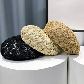 MIO Summer Hollow Crochet Beret Hat Black Khaki Fashion Painter Hat Sun Protection Straw Hat Beret for Women