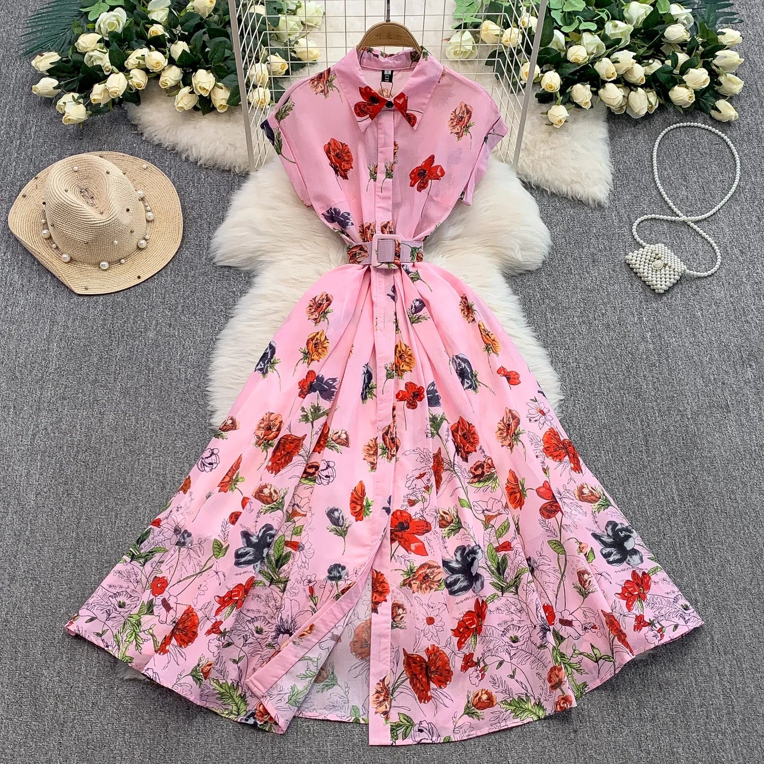 Retro-style Printed Collar Dress Women's Summer Single-breasted Chiffon Dress