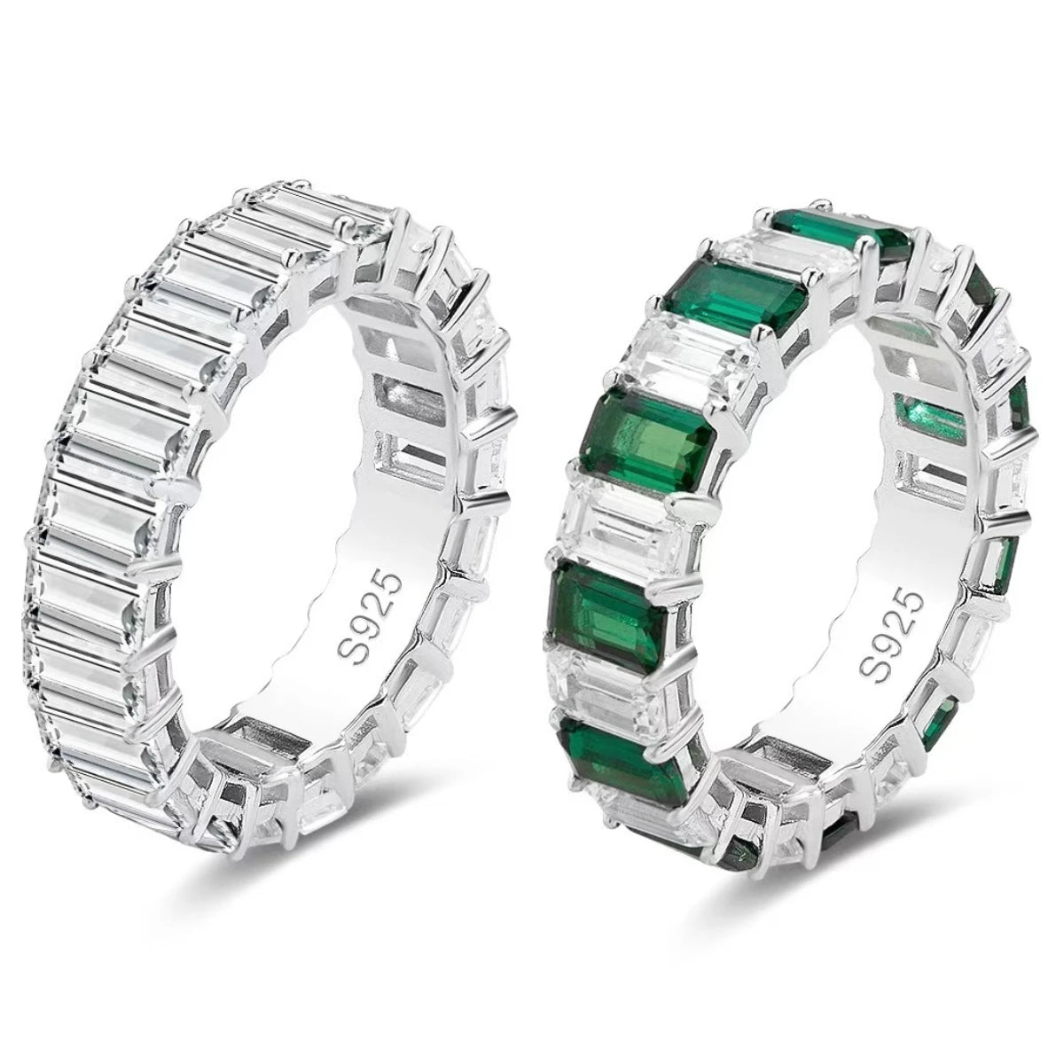 Fashion Jewelry S925 Sterling Silver Ring Baguette Cut Hip Hop Style Emerald Cubic Zirconia Luxury Women's Ring
