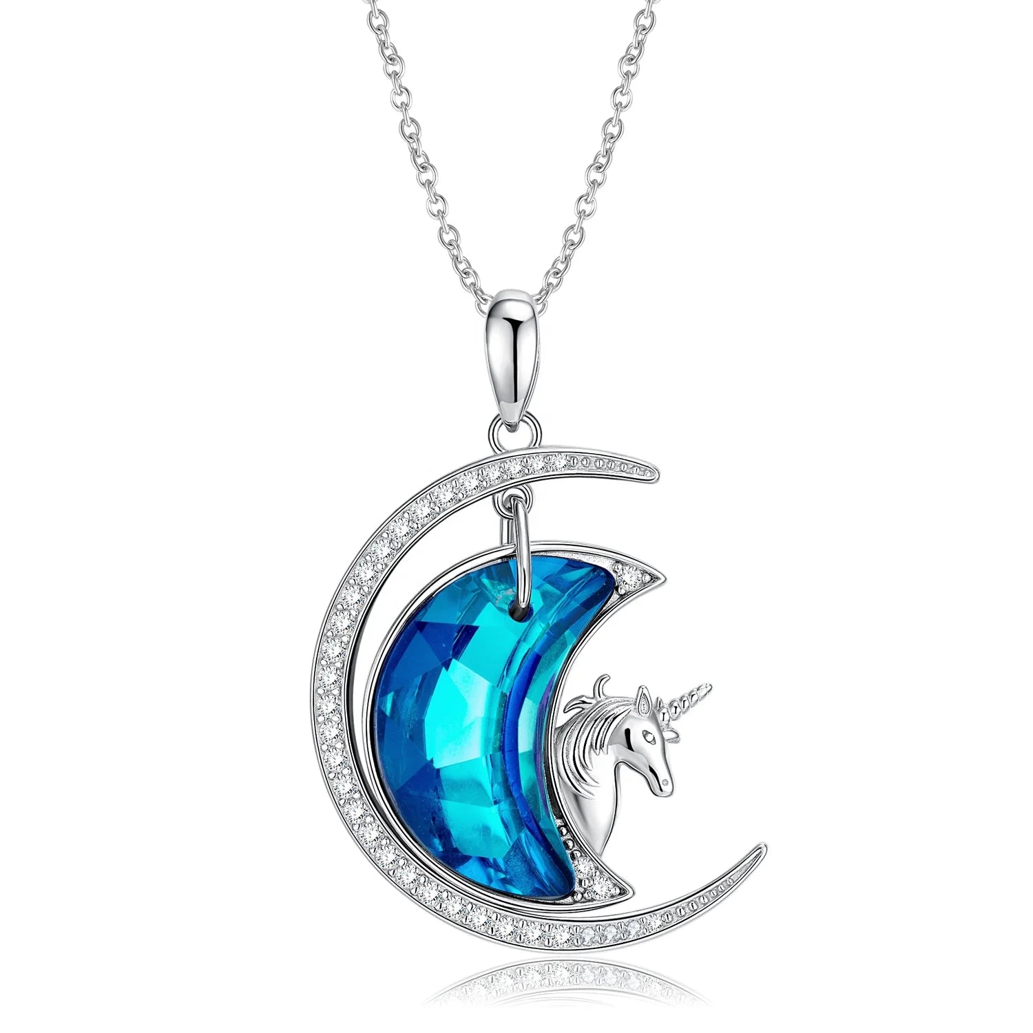 Mysterious Unicorn and Blue Zirconia Moon Pendant Necklaces 925 Sterling Silver Custom Necklace for Women Fine Necklace Jewelry