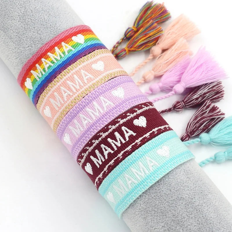 Mother's Day Gift Adjustable Size Ethnic Style Embroidered MAMA Webbing Tassel Woven Bracelets for Women