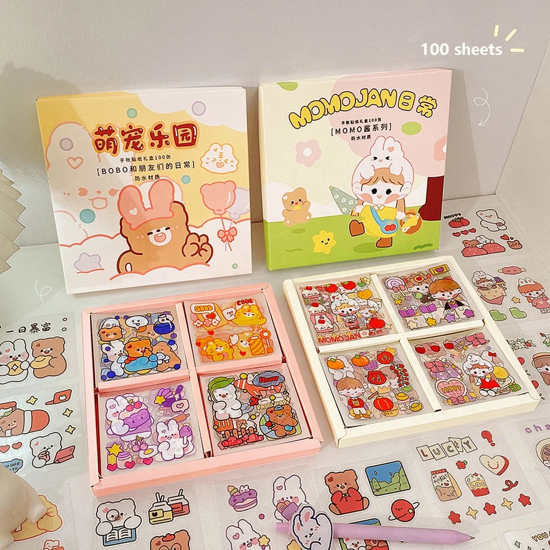 Die Cut Kawaii PET Waterproof Sticker Sheet 80x80mm Japanese Style Cute Cartoon Laptop Stationery Decorative Labels Glossy