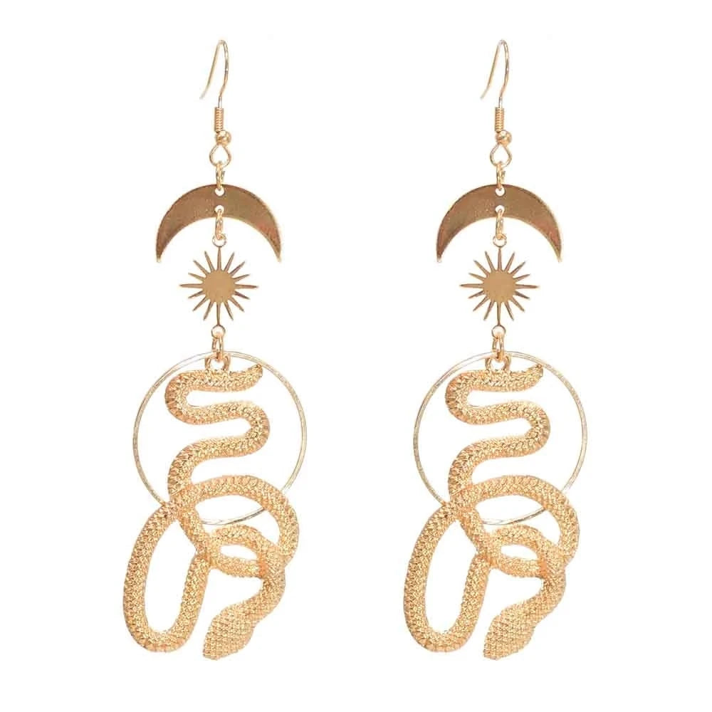 Punk Gold Metal Sun Moon Snake Dangle Earrings for Women Boho Holiday Party Jewelry Gift