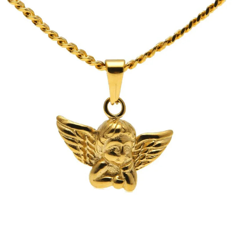 Hips Hops Cupid Angel Chain Necklace Men Women Angel Wing Jewelry Stainless Steel Gold Fashion Little Angel Pendant Necklace