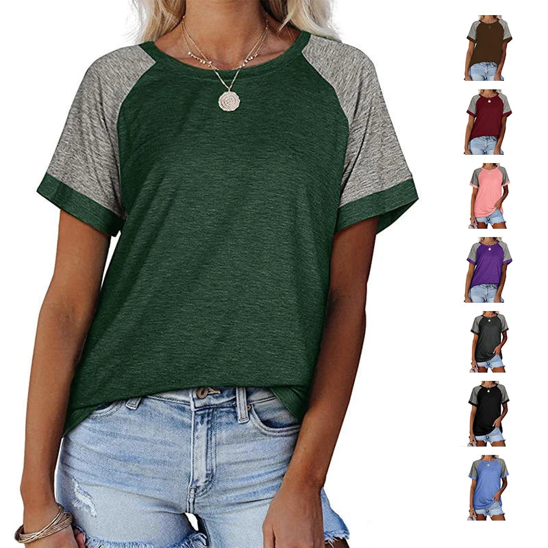 2024 Women's Short-Sleeved Tops Summer Casual Loose Horn Sleeves Round Neck Large Size Stitching Short-Sleeved T-Shirt