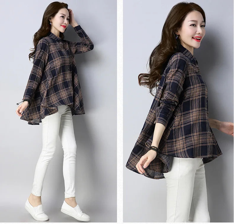 Wholesale New Fashion Women Girls Loose Plaid Print Irregular Hem Long Sleeve Lapel Button Casual Shirt Tops
