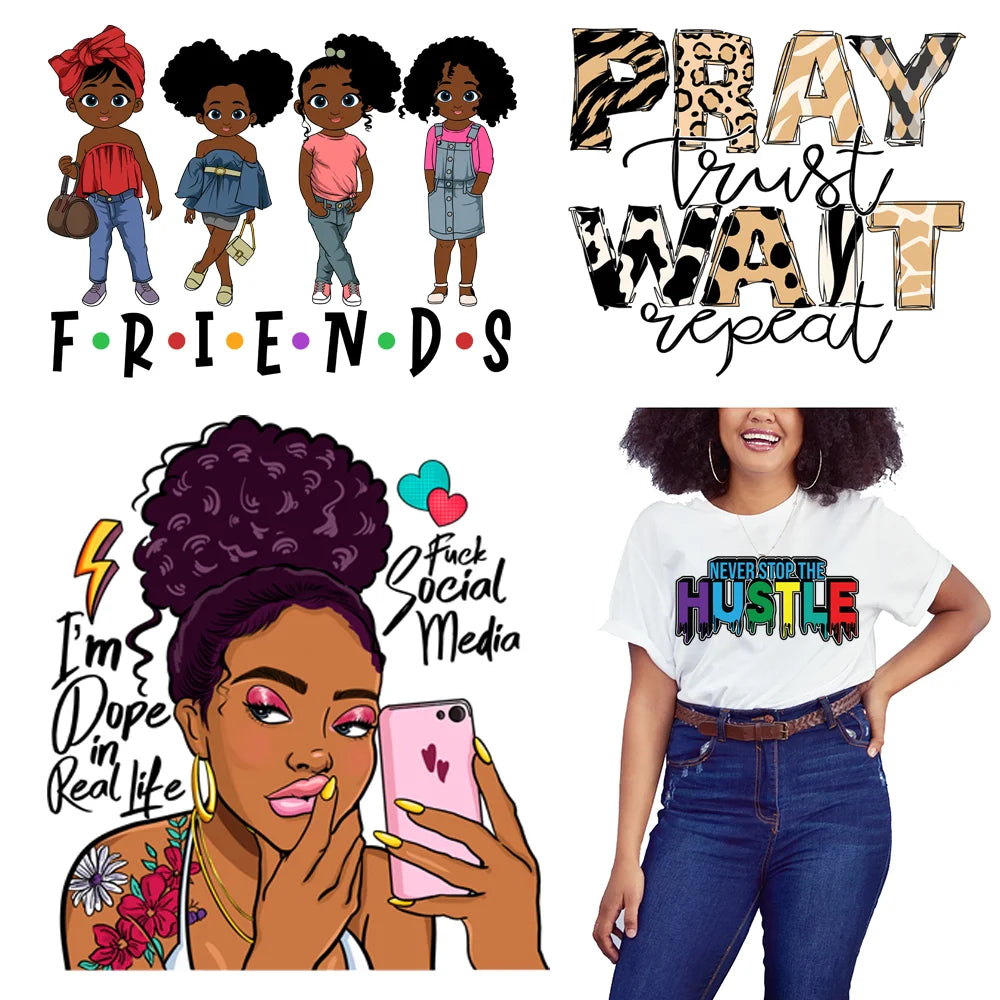 New Arrival Friction Resistant Vinyl Iron on Afro Girl for Cheap Custom Heat Printing T Shirts Queen Transfer Design